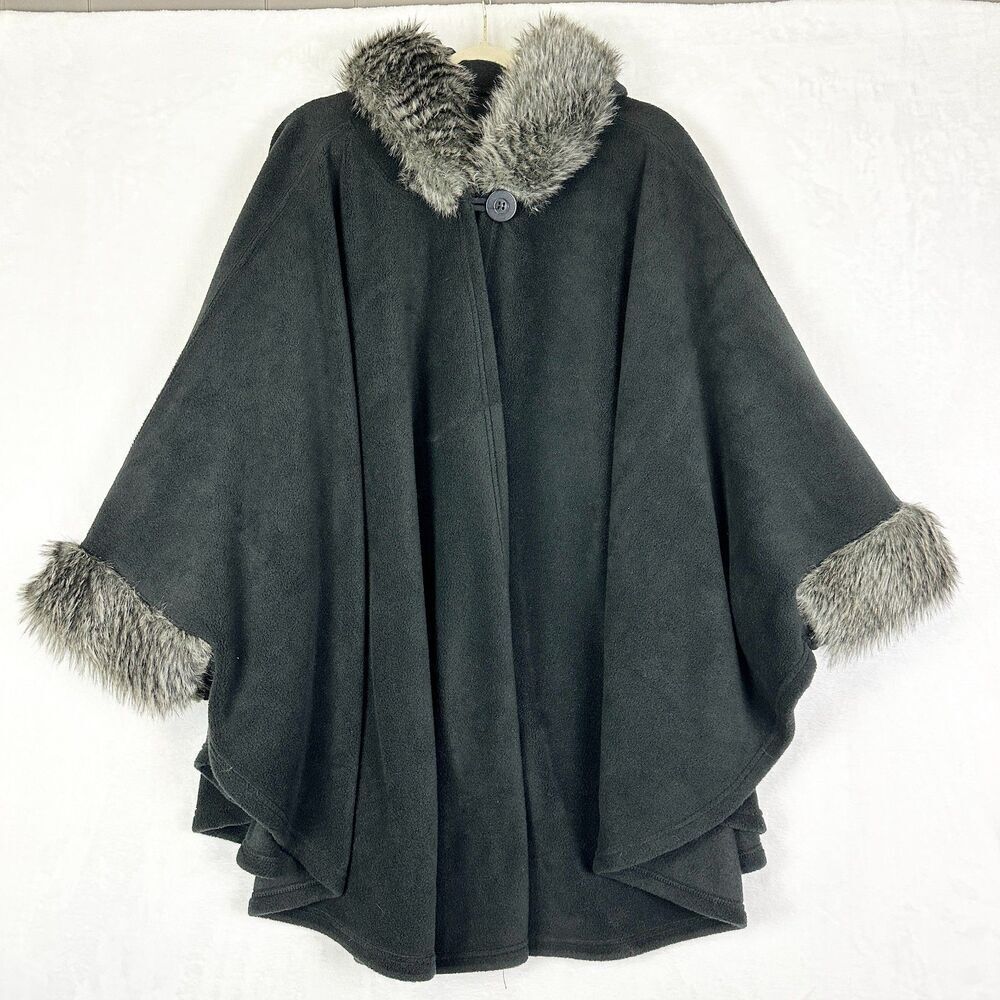 Parkhurst Faux Fur Trim Hooded Fleece Cape One Size Black